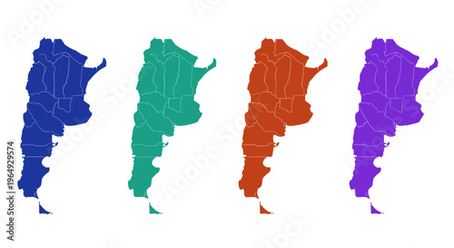 Four colorful stylized maps of argentina showcasing regions in blue green orange