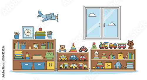 Organized toy shelf in a bright playroom filled with books, cars, trains, bears, and other educational items near a window.