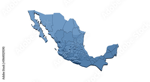 Stylized 3d relief map of mexico in cool blue tones on a clean white background