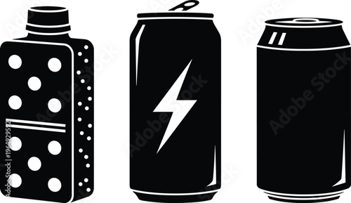 Set of Beverage Container Icons Featuring Black Silhouettes of a Juice Box, Energy Drink Can with Bolt, and Soda Aluminum Can
