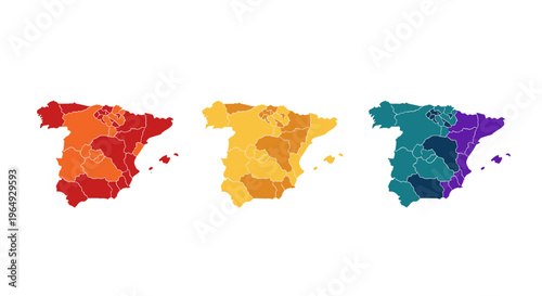 Three colorful maps of spain showing regional divisions with different color