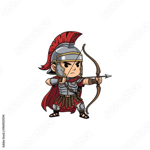 Cute chibi style Roman soldier character wearing silver legionary armor and a red plumed helmet, aiming a wooden longbow with an arrow, isolated on a white background.