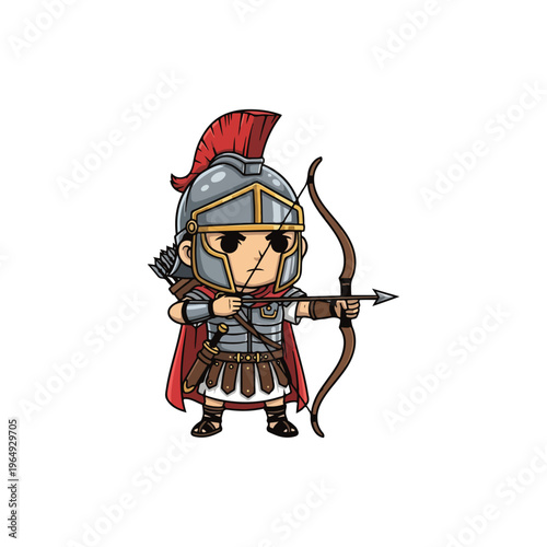 Chibi Roman centurion archer character holding a wooden bow and aiming an arrow, wearing silver segmented armor, a red plumed helmet, and a red cape, isolated on white background.