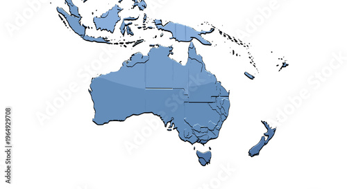Stylized blue 3d map of australia and oceania continents with islands in ocean