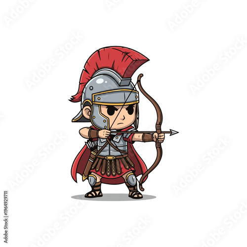 Chibi illustration of an ancient Roman soldier archer wearing a metallic helmet with a red plume, segmented armor, and a red cape, aiming a wooden bow and arrow on a white background.
