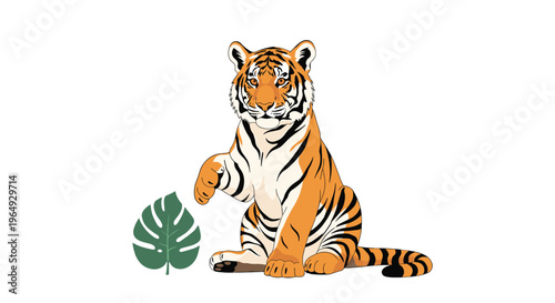 Majestic tiger sits calmly next to a single green monstera leaf against a plain white background for wildlife conceptual use.