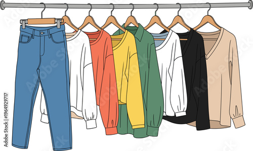 Clothing rack vector with blue denim jeans and colorful sweaters on wooden hangers for retail and capsule wardrobe,.eps