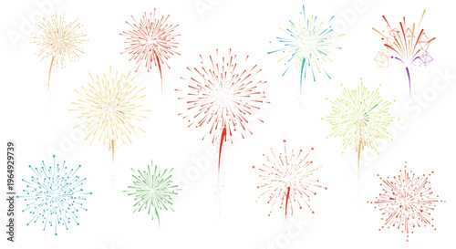 Collection of colorful abstract fireworks bursts exploding in a stylized festive