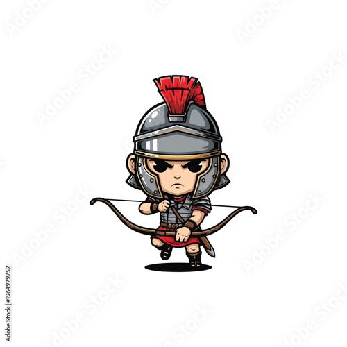 Chibi Roman archer character illustration wearing a silver metallic helmet with a red crest, segmented armor, and leather sandals, holding a wooden bow on a white background.