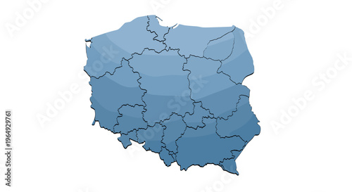 Stylized blue map of poland with internal administrative divisions isolated