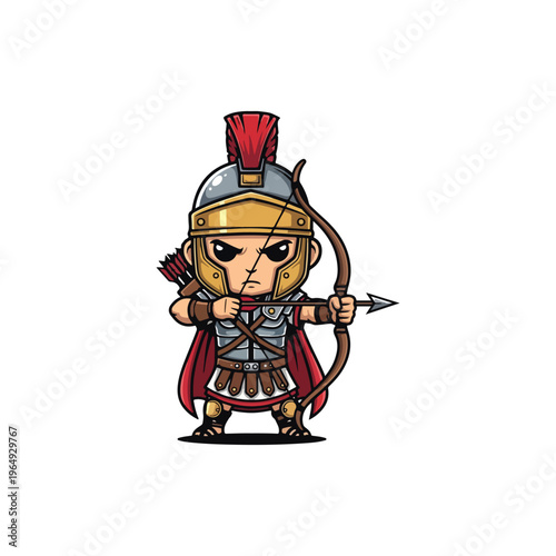 Cartoon Roman centurion archer character mascot in full armor with a red plume helmet, aiming a bow and arrow, wearing a red cape and quiver, isolated on white background.