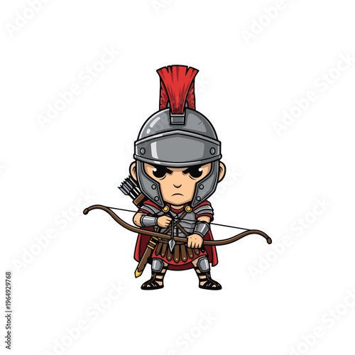 Chibi Roman centurion archer character illustration wearing a silver helmet with red plume, metal armor, and red cape while holding a wooden bow and arrow on white background.