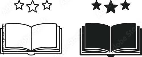 Open Book Icon Set Featuring Three Stars Silhouette and Linear Vector Designs for Education Literature Book Reviews Academic Learning and Library Graphics