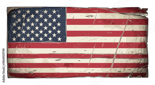 Tattered american flag waving with weathered texture and frayed edges symbolizing