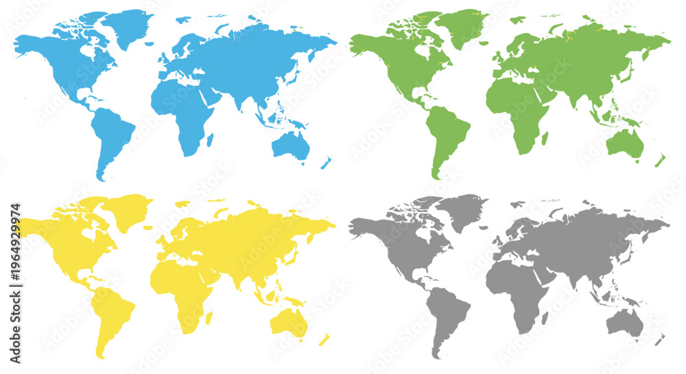 Fototapeta premium Colorful world map illustrations showing continents in blue green yellow and gray
