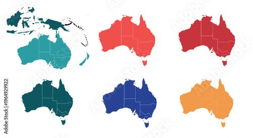 Australia map outlines in various vibrant colors and styles clean graphic design