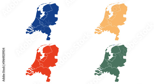Colorful map silhouettes of the netherlands in blue orange red and green on white