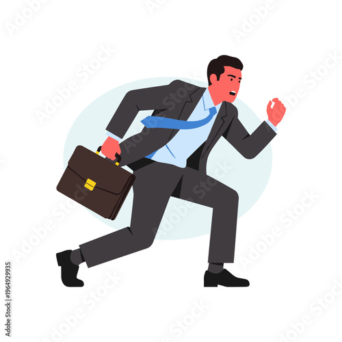 Busy businessman rushing to work with briefcase in hand quickly