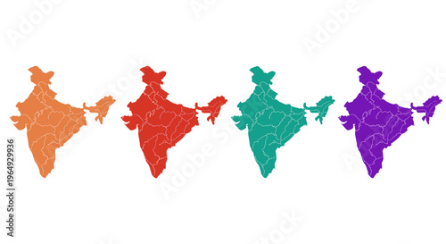 Diverse india map silhouettes in vibrant colors orange red teal purple