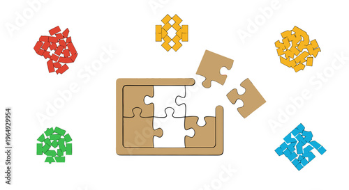 Puzzle pieces assembling in a frame with colorful scattered elements