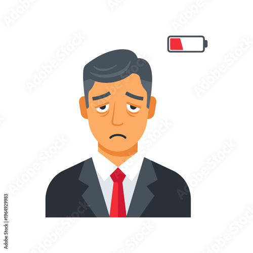 Businessman feeling exhausted with low battery symbol