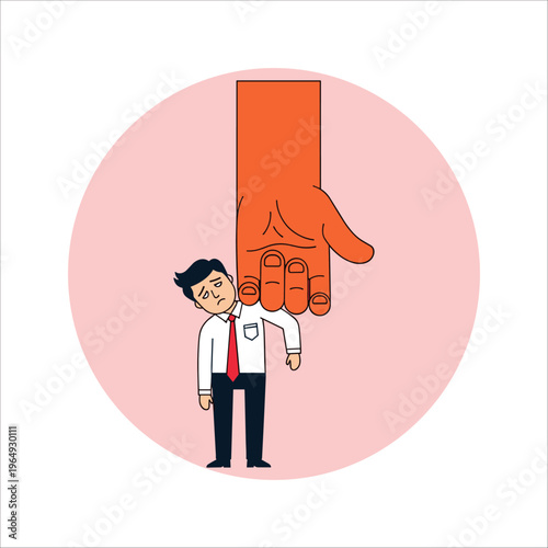 Businessman feeling overwhelmed by giant hand