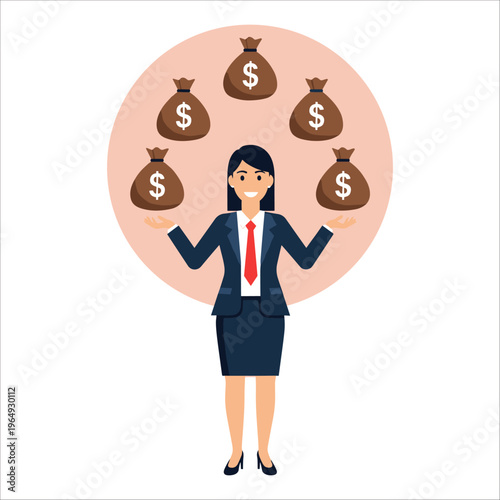 Confident businesswoman surrounded by money bags with dollar signs