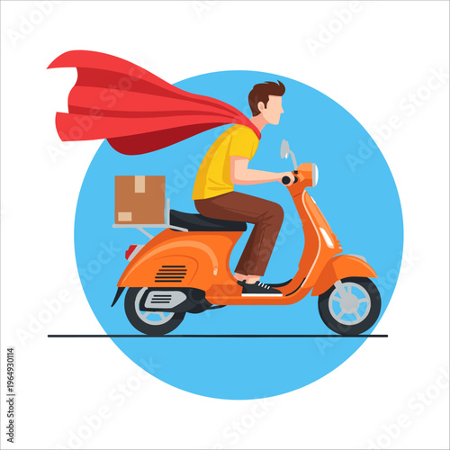 Delivery superhero riding orange scooter with package