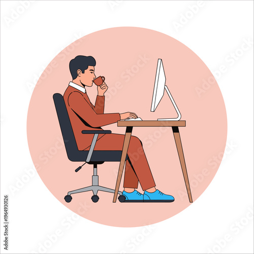 Man working on computer while enjoying a cup of coffee