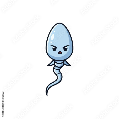 Cartoon illustration of an angry blue sperm cell mascot with a mean facial expression and determined eyes isolated on a white background representing fertility and reproduction.