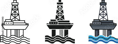 Offshore Oil Rig Icon Set Featuring Outline Silhouette and Colorful Vector Designs for Energy Industry Petroleum Extraction Marine Drilling Platforms and Fuel Production