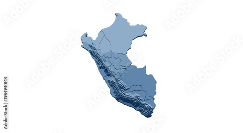 Detailed 3d topographic map of peru country silhouette in cool blue tones isolated