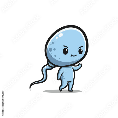 Light blue cartoon character representing a human sperm cell with a humanoid body, arms, legs, a smirking face, and a long curved flagellum tail, isolated on a white background.
