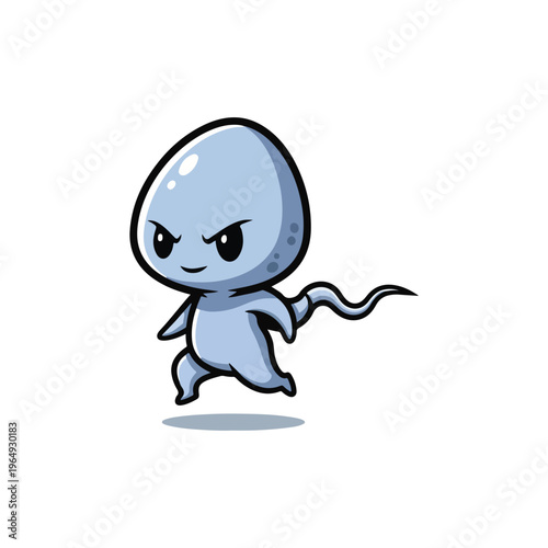Cartoon illustration of a blue anthropomorphic sperm cell with a determined expression and small limbs, isolated on a white background for medical, health and fertility concepts.