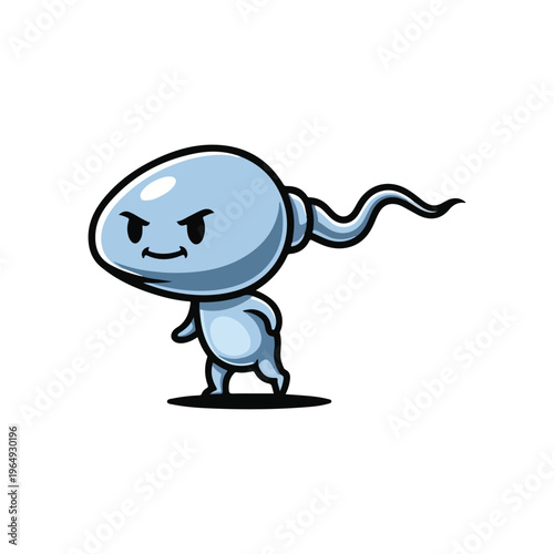 Cartoon illustration of an anthropomorphic blue sperm cell with a determined facial expression, arms, and legs walking forward, isolated on a white background for fertility concept.
