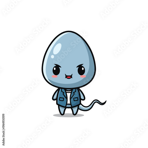 Kawaii anthropomorphic sperm cell illustration wearing a blue denim jacket and white t-shirt, stylized cartoon character mascot with expressive eyes and a tail on white background.