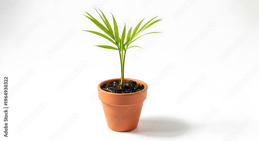Fototapeta premium Young palm plant in terracotta pot on white background