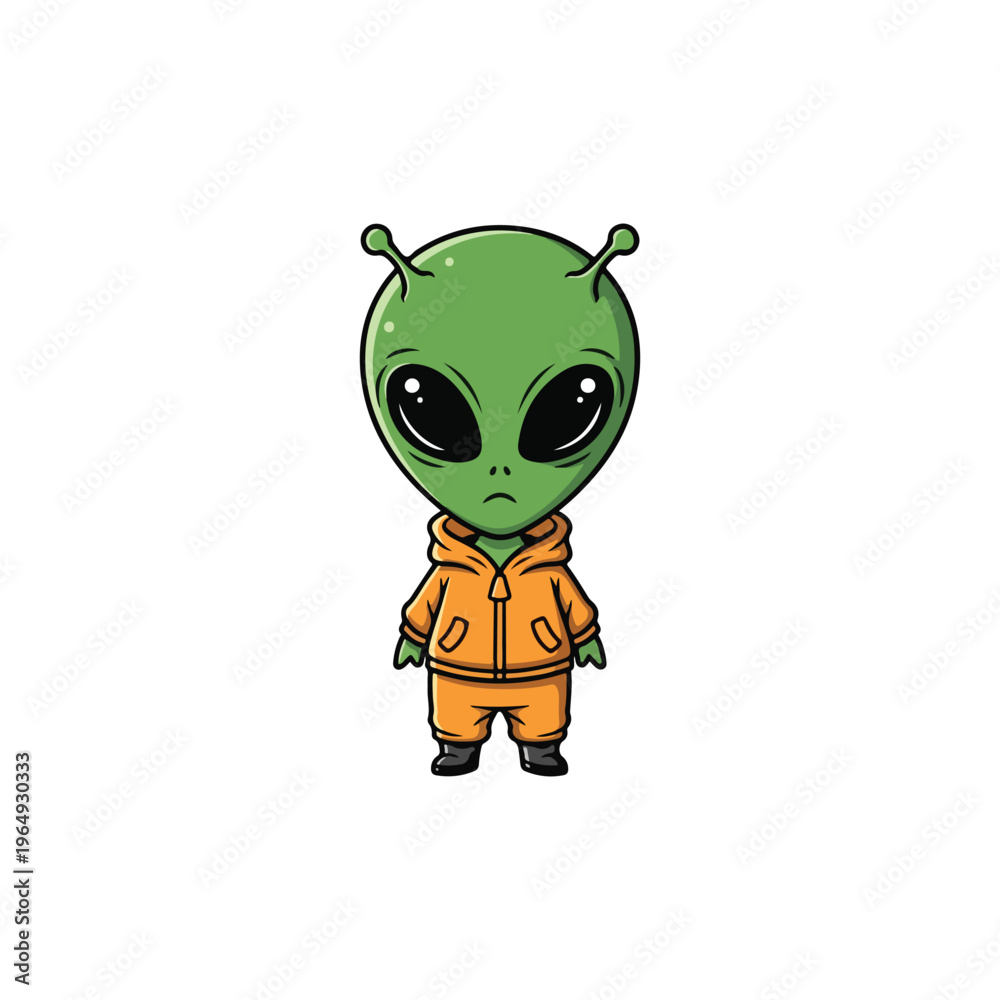 Obraz premium Full body cartoon illustration of a green extraterrestrial alien with large black eyes and antennae, wearing an orange zip-up hoodie and matching pants, isolated on white background.