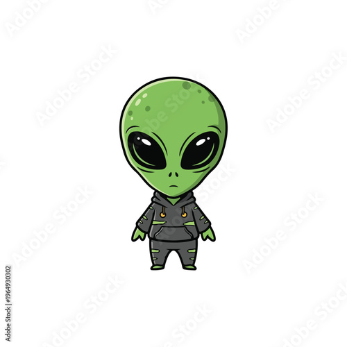 Full body illustration of a cute green extra-terrestrial alien character with large black eyes wearing a dark gray hooded sweatshirt and pants, isolated on white background.