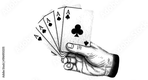 Close up sketch of a hand holding four aces cards vintage illustration style