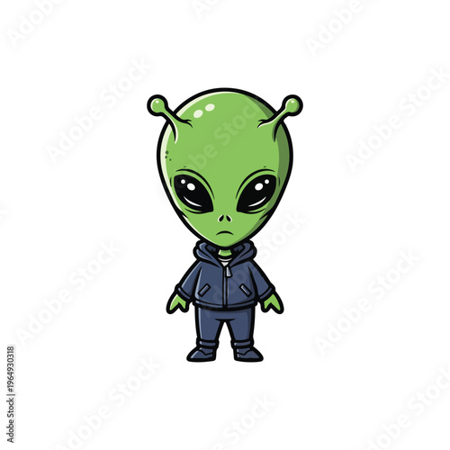 Full body cartoon illustration of a green alien creature with large black eyes and antennae, wearing a navy blue zip-up hoodie and pants, isolated on a white background.