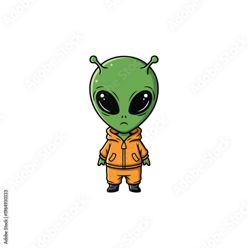 Full body cartoon illustration of a green extraterrestrial alien with large black eyes and antennae, wearing an orange zip-up hoodie and matching pants, isolated on white background.