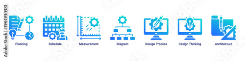 Planning Phase web banner icon vector illustration with icons of Planning,Schedule,Measurement,Diagram,Design Process,Design Thinking and Architecture
