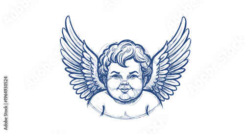 Detailed blue ink drawing of a cherub with large feathered wings against a white