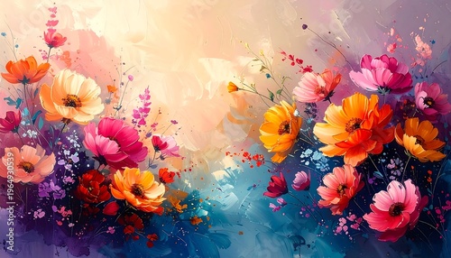 Vibrant floral painting with bright colors and a dreamy, impressionistic aesthetic