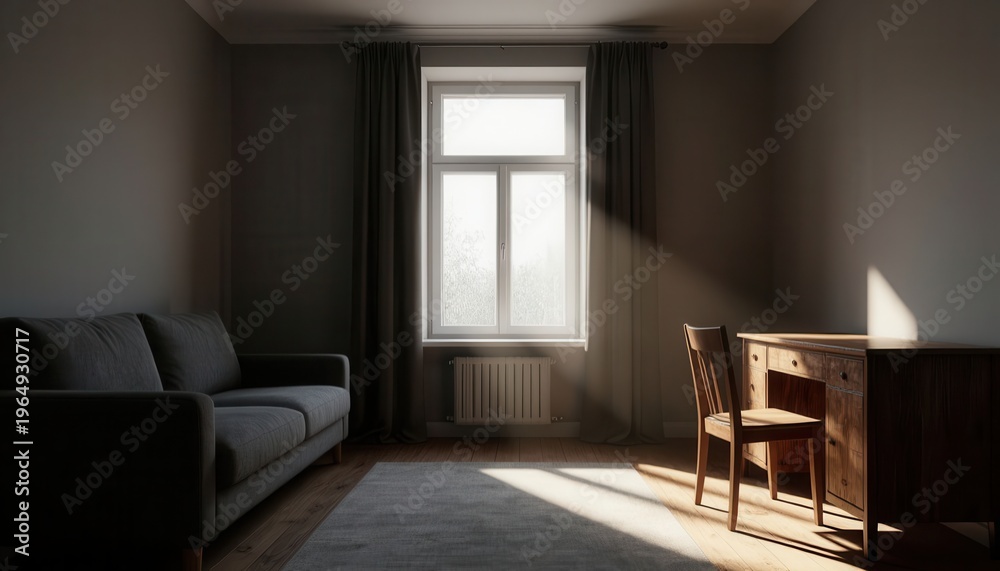 Fototapeta premium Cozy minimalist living room with natural sunlight streaming through window and wooden furniture