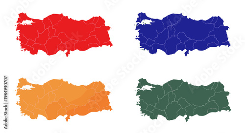 Four colorful outline maps of turkey showing administrative divisions on white