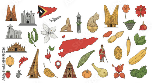 Comprehensive collection of cultural icons and traditional landmarks from East Timor including architecture, flora, and local foods.