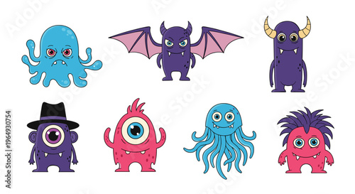 Diverse set of colorful cartoon monsters with unique features like tentacles, wings, and single eyes for kids creative projects.
