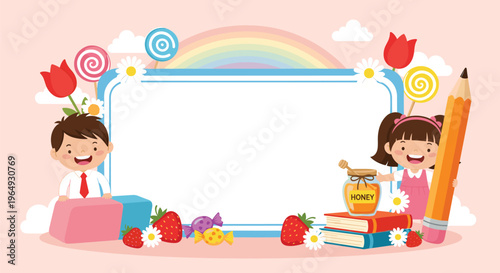 School themed border frame featuring happy students, colorful candies, fresh strawberries, and basic educational supplies on pink.